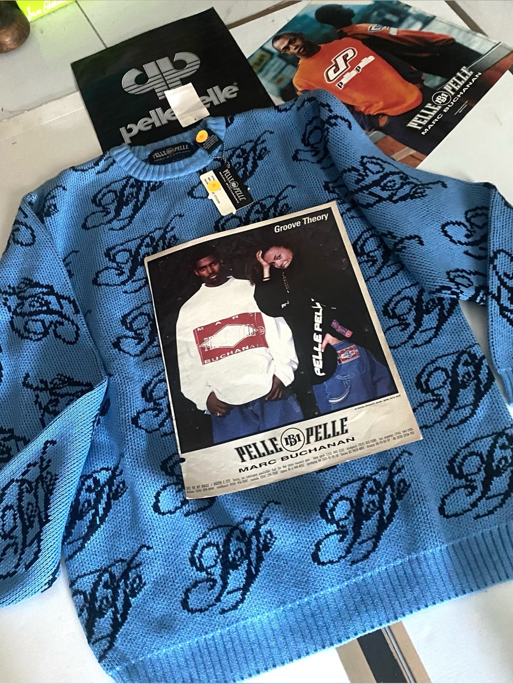 Pelle Pelle Light Blue Crewneck Sweater with Navy Script Logo